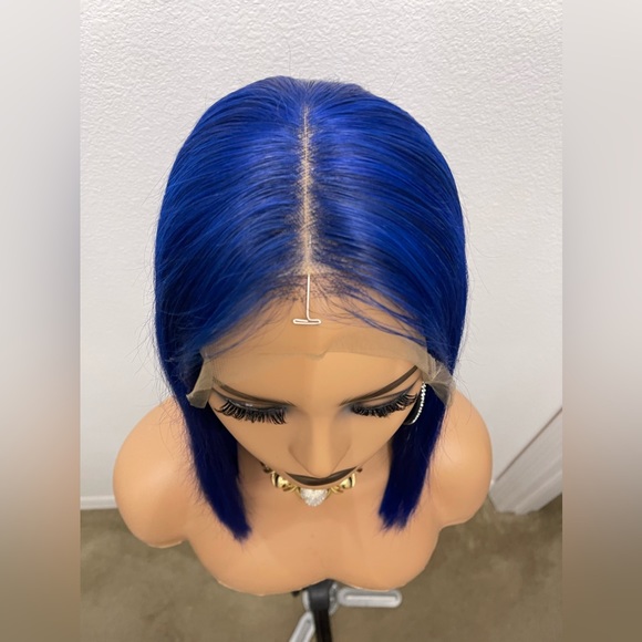 New! 12” 13x6 Blue Human Hair Bob Wig - Picture 1 of 12